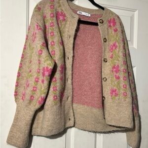 Zara Pink and Camel Floral Cardigan